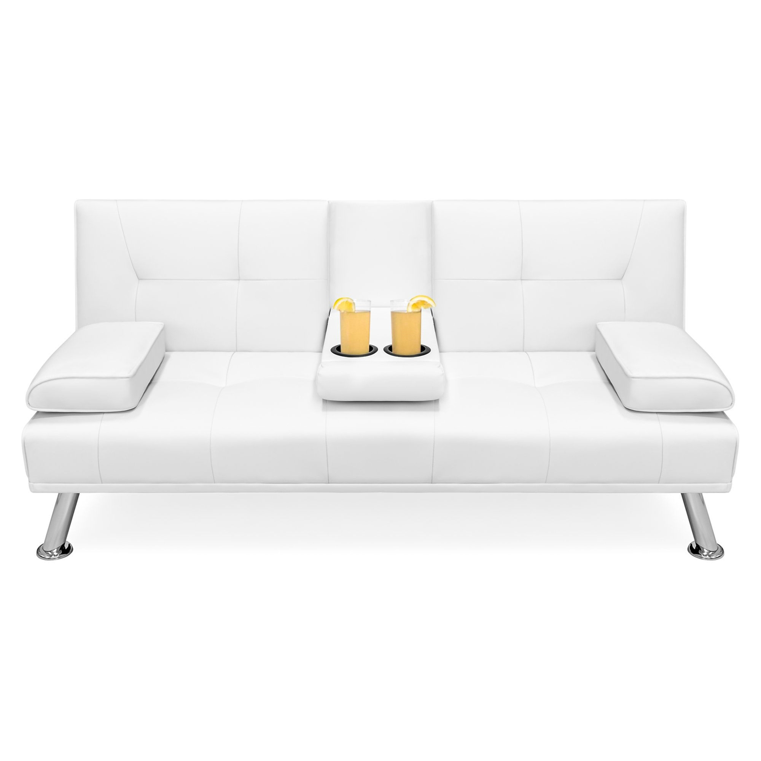 White Faux Leather Convertible Sofa Futon with 2 Cup Holders