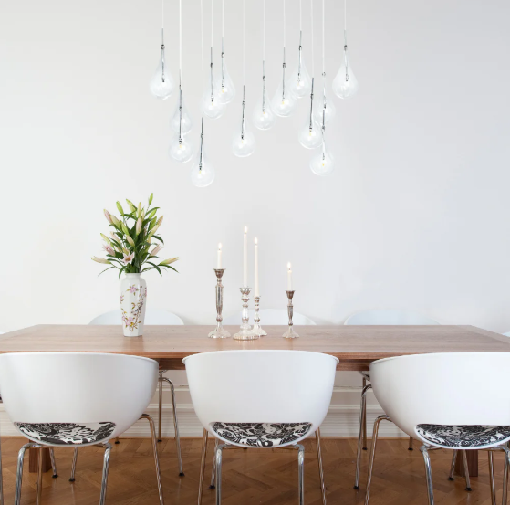 Modern Glass Drops Chandelier // 14 Lights // Rectangular Chrome Canopy