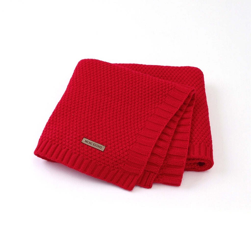Kids Logo Patched Design Solid Color Knittted Warm Blanket (Size/Age: Average Size (0-12Y), Color: Red)