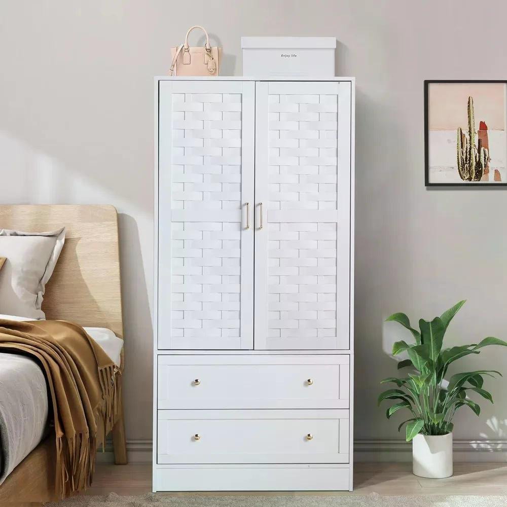 Wardrobe Cabinet With 2 Storage Drawers and Hanging Rail Bedroom Furniture Armoire Wardrobe Closet With 2 Woven Doors Coat Racks (Color: White)